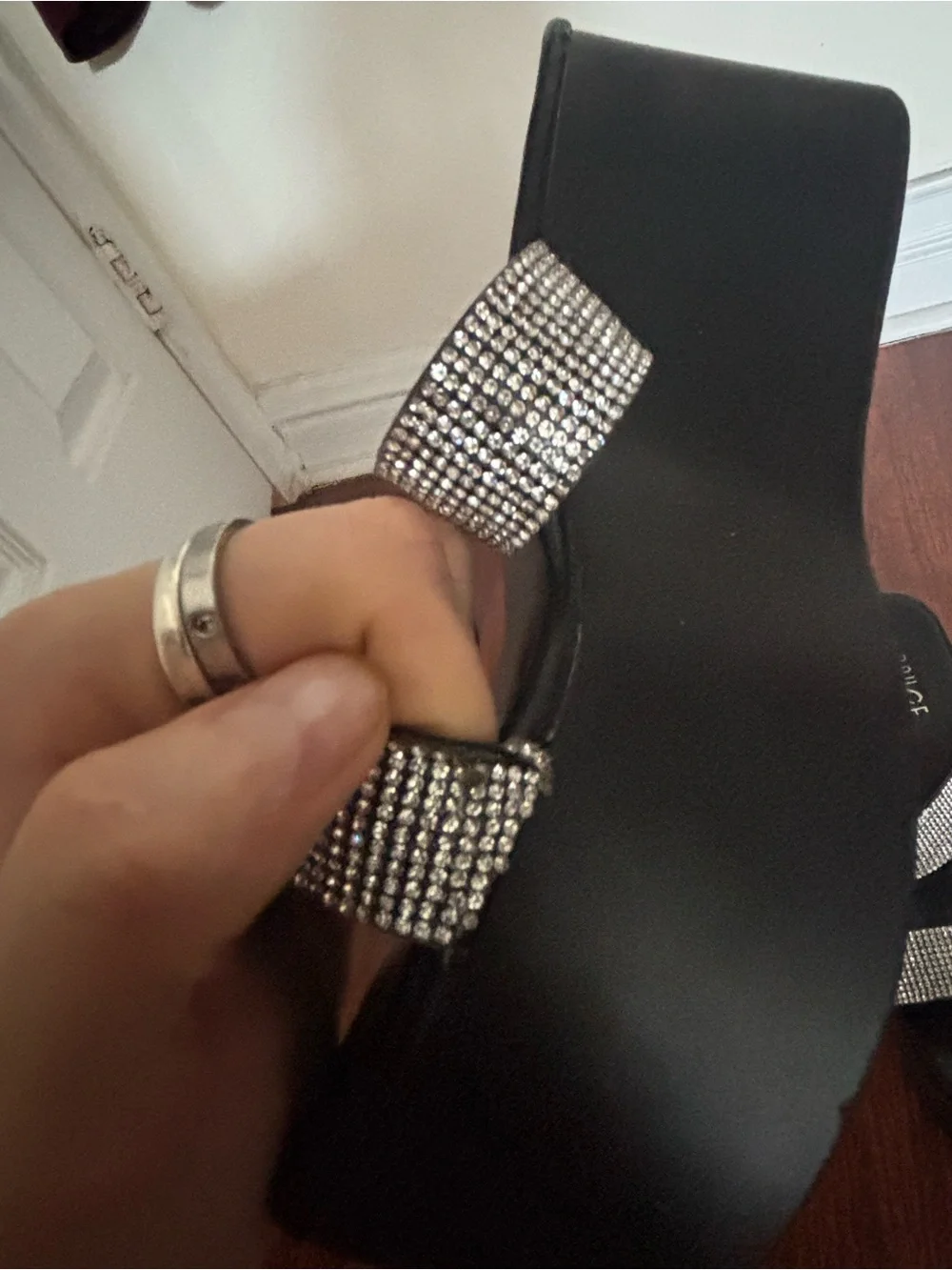 Platform Slide Sandals with Rhinestone Straps - Black